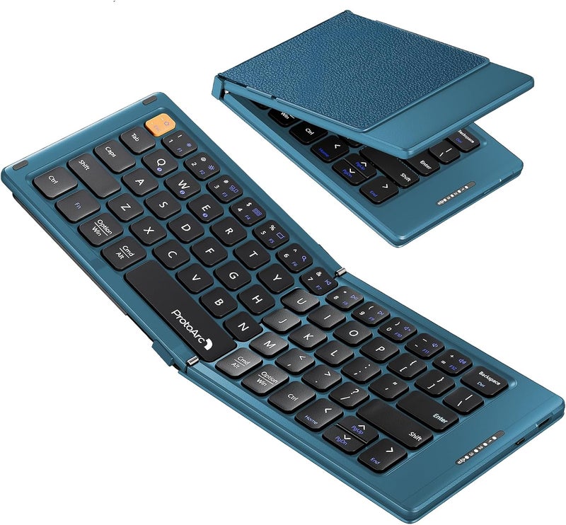 ProtoArc Foldable Compact Keyboard, XK04 Portable Bluetooth Keyboard with PU Leather Cover, Pocket-Sized Wireless Travel Keyboards for iPad, iPhone, Smartphone, Tablet and Laptop - Blue - Image 1